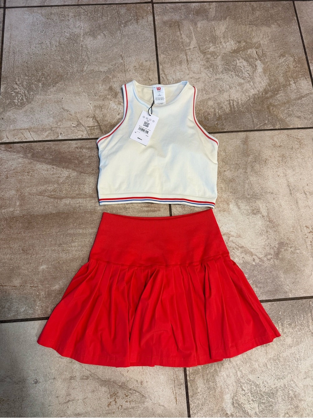 Wilson Cream Cropped Tank (NWT) with Infrared Midtown Tennis Skirt Set M/L